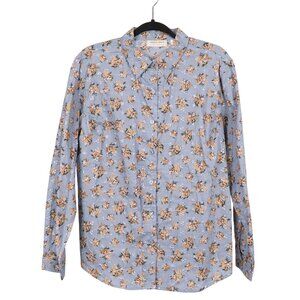 Lemon Grass Button Up Shirt L Womens VTG Blue Floral Embroidered Cotton